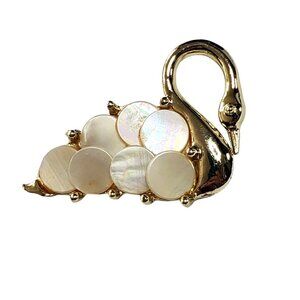 VTG Mother of Pearl Swan Brooch Pin Gold Tone MOP Vintage 1.5"